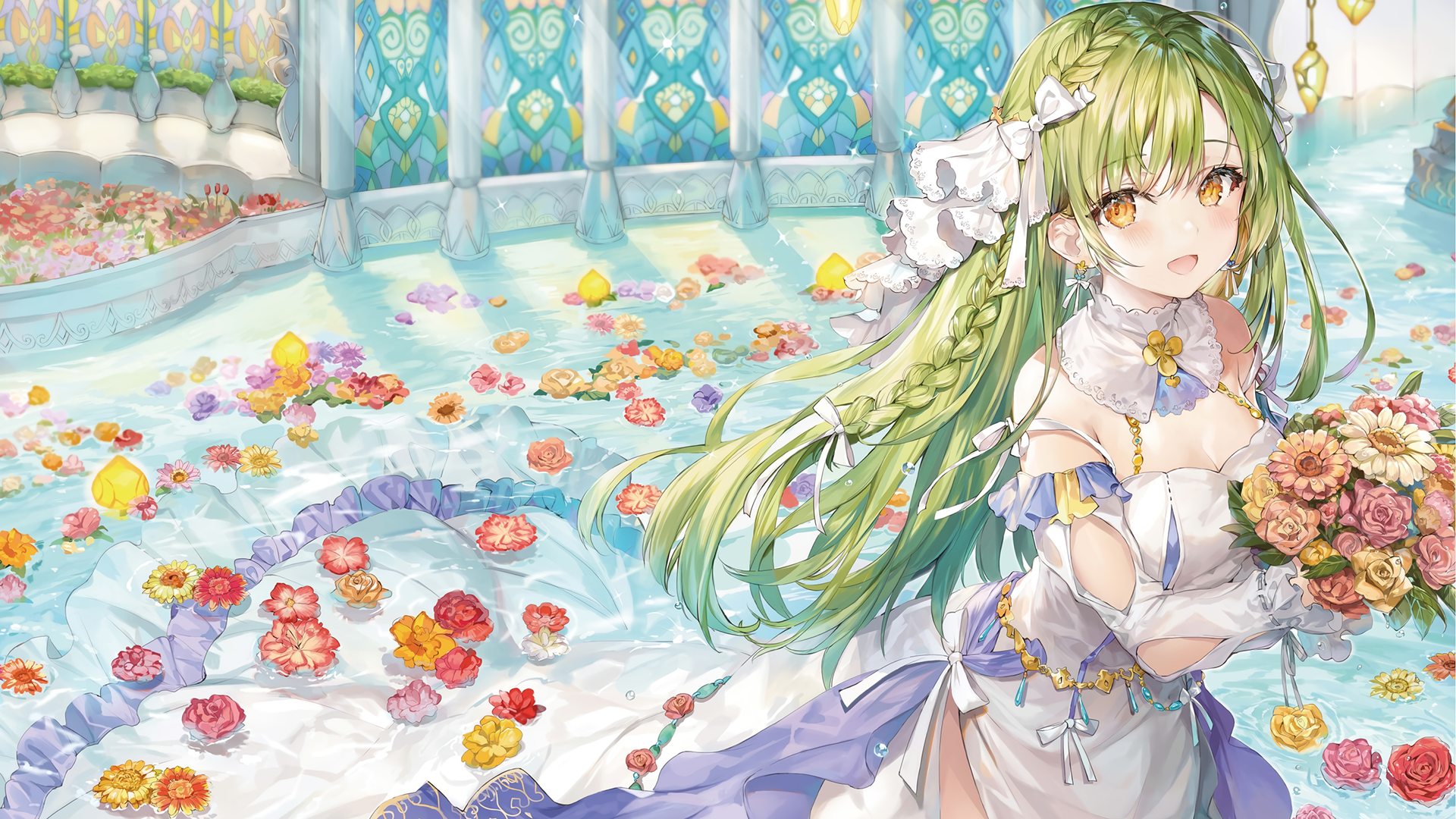 Download Dress Water Flower Yellow Eyes Long Hair Green Hair Anime ...