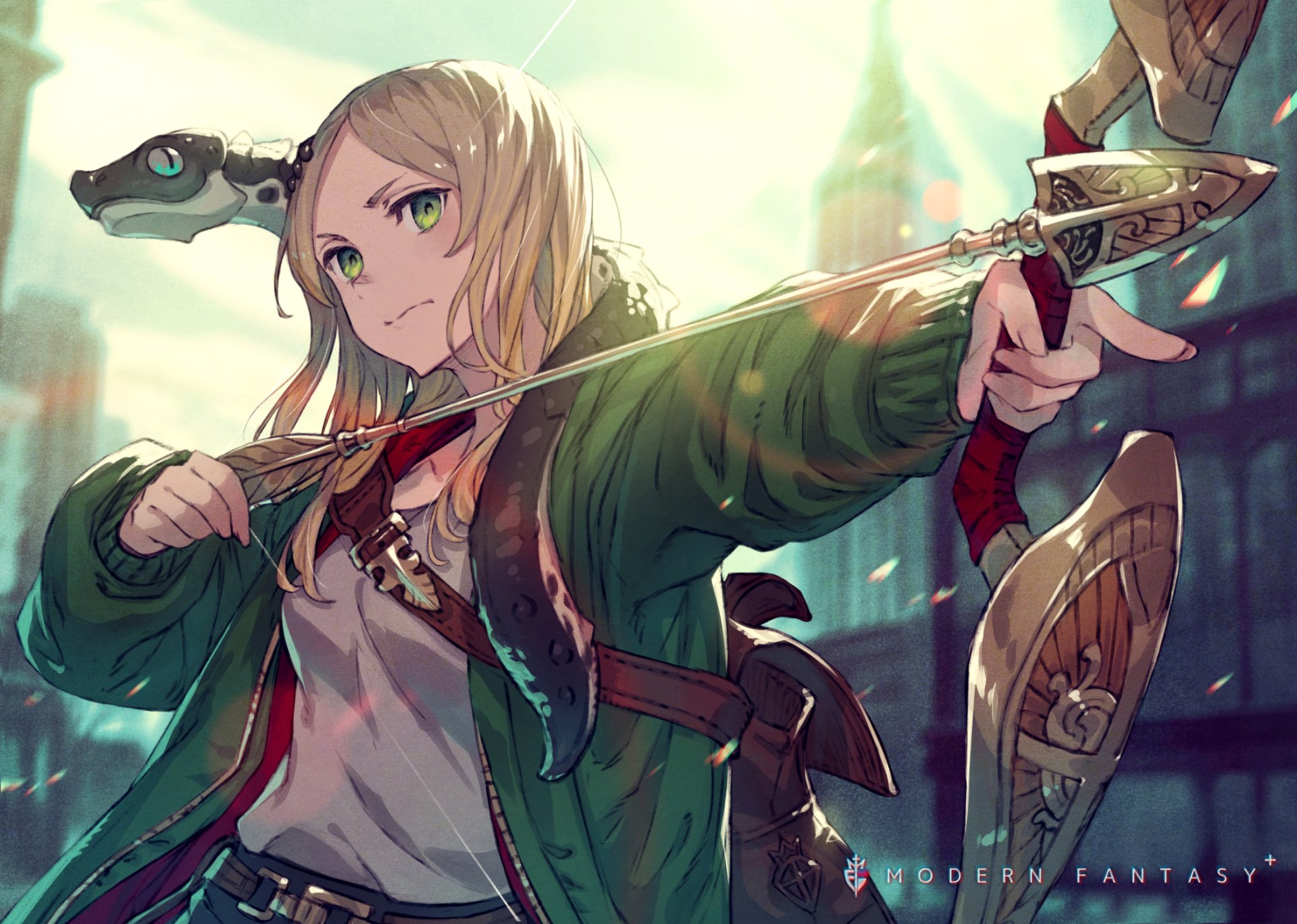 HD anime original artwork of a determined blonde archer aiming with a bow, set against a softly lit urban backdrop, designed as a PC desktop wallpaper.