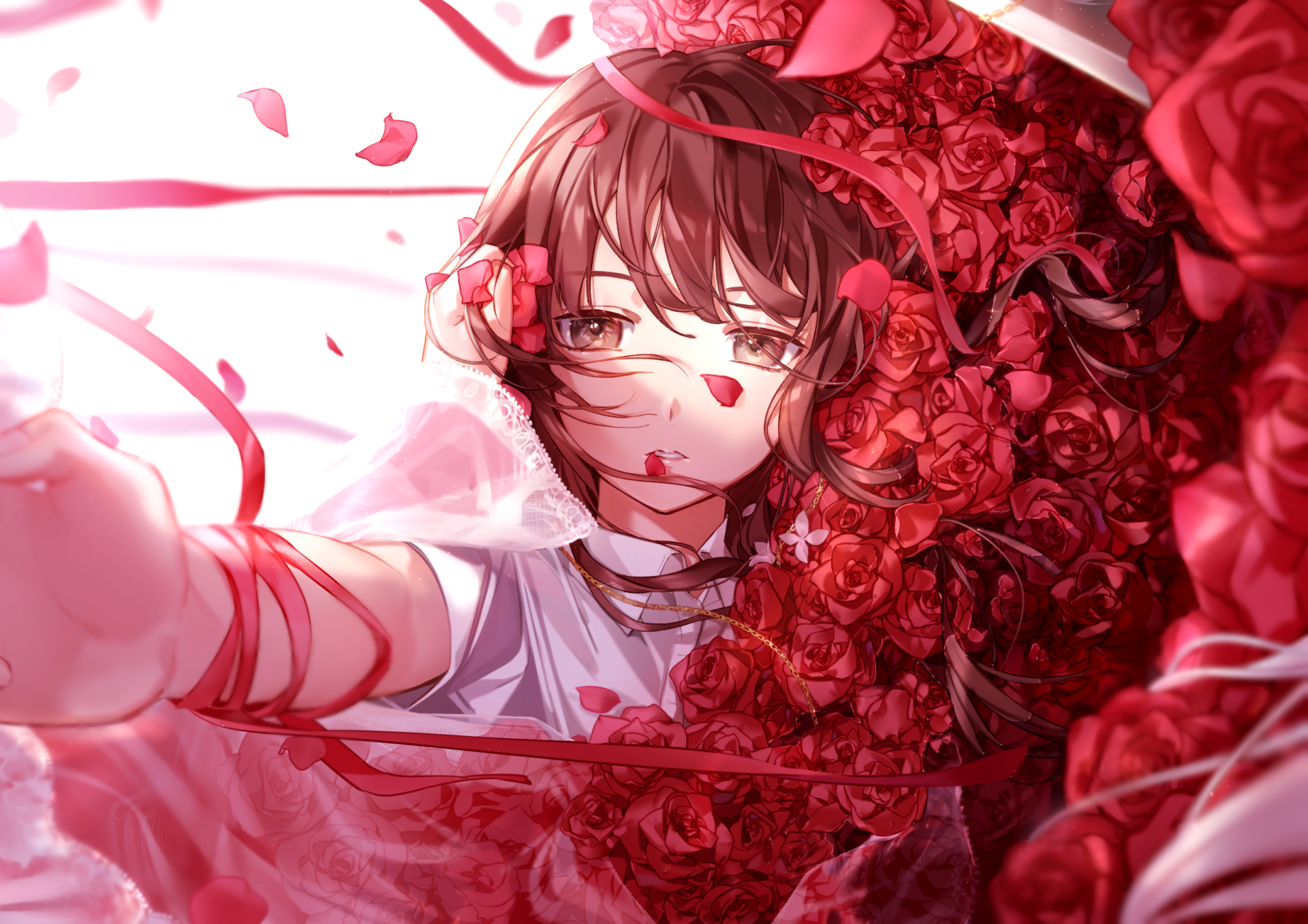 HD desktop wallpaper featuring original anime art. A girl with brown hair is surrounded by red roses and petals, with ribbons flowing around her.
