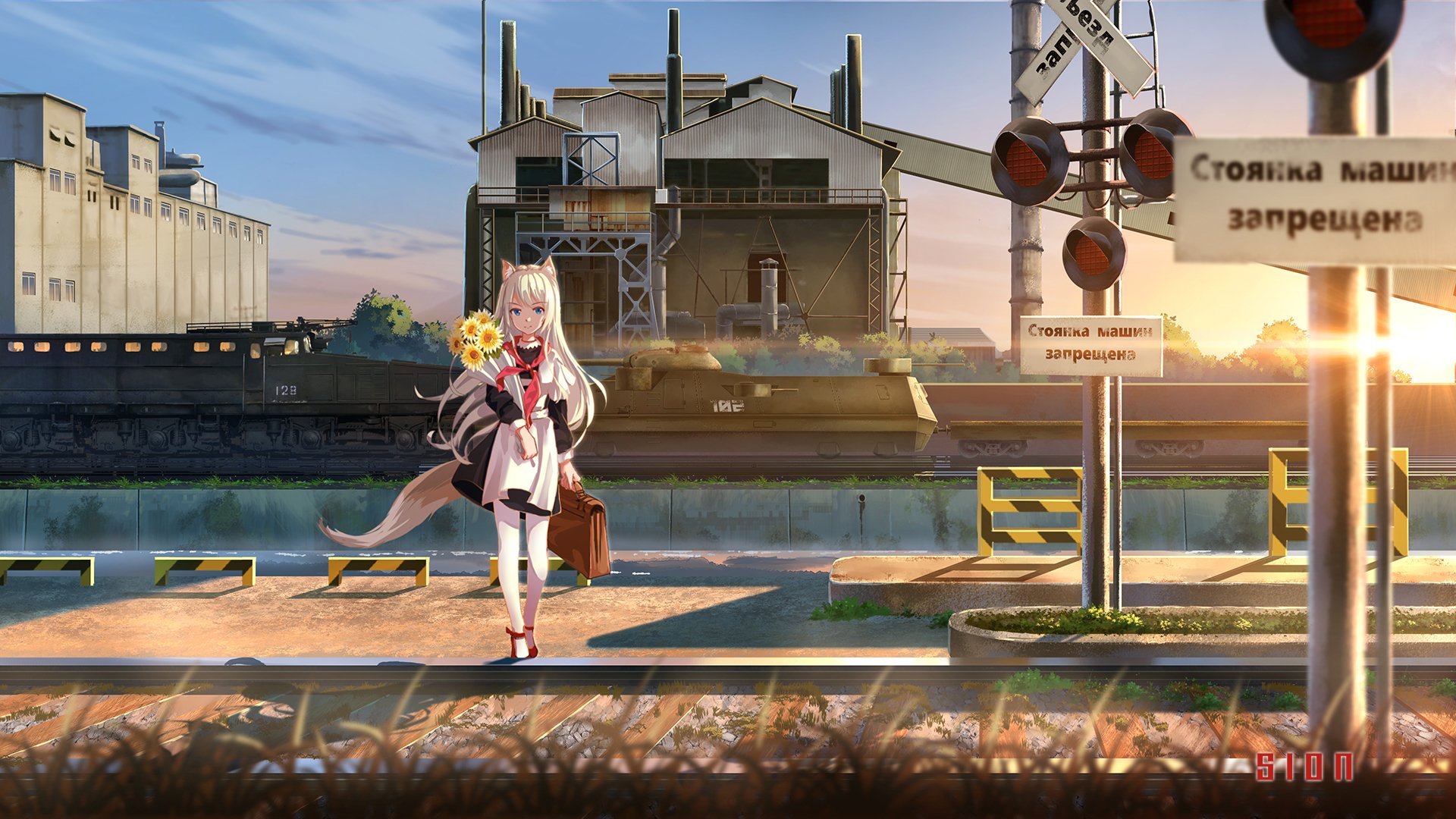 Anime-style HD desktop wallpaper featuring a character with animal ears and long hair holding a flower, standing by a railway platform at sunset in an original setting.