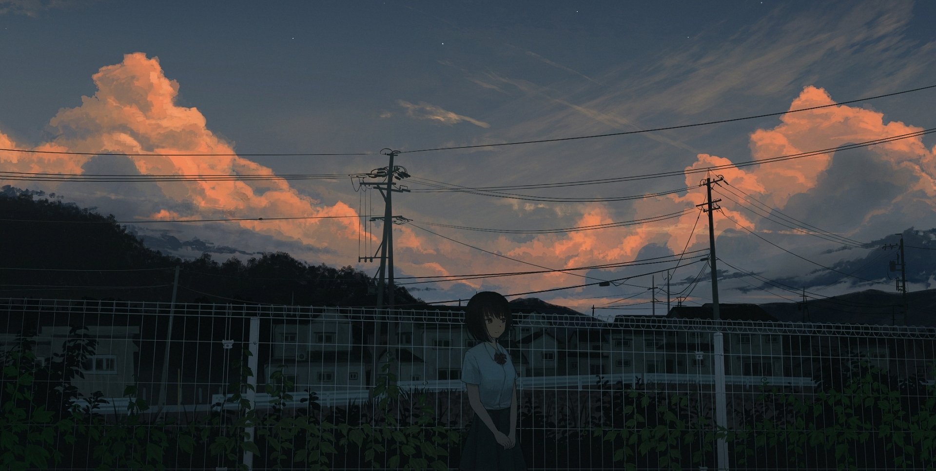 Anime-style HD desktop wallpaper of a short black-haired figure standing against an evening sky with glowing clouds and power lines silhouetted in the background.