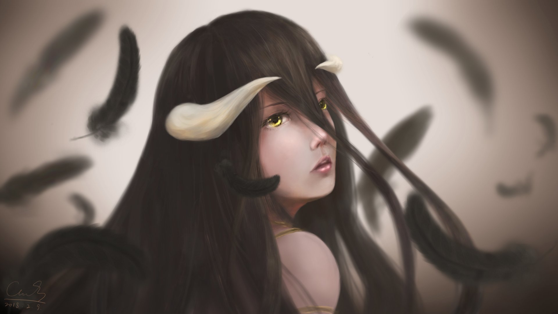 Albedo (Overlord) in a 4K Ultra HD anime portrait: close-up with black hair, horns, golden eyes and drifting dark feathers — PC desktop wallpaper/background.