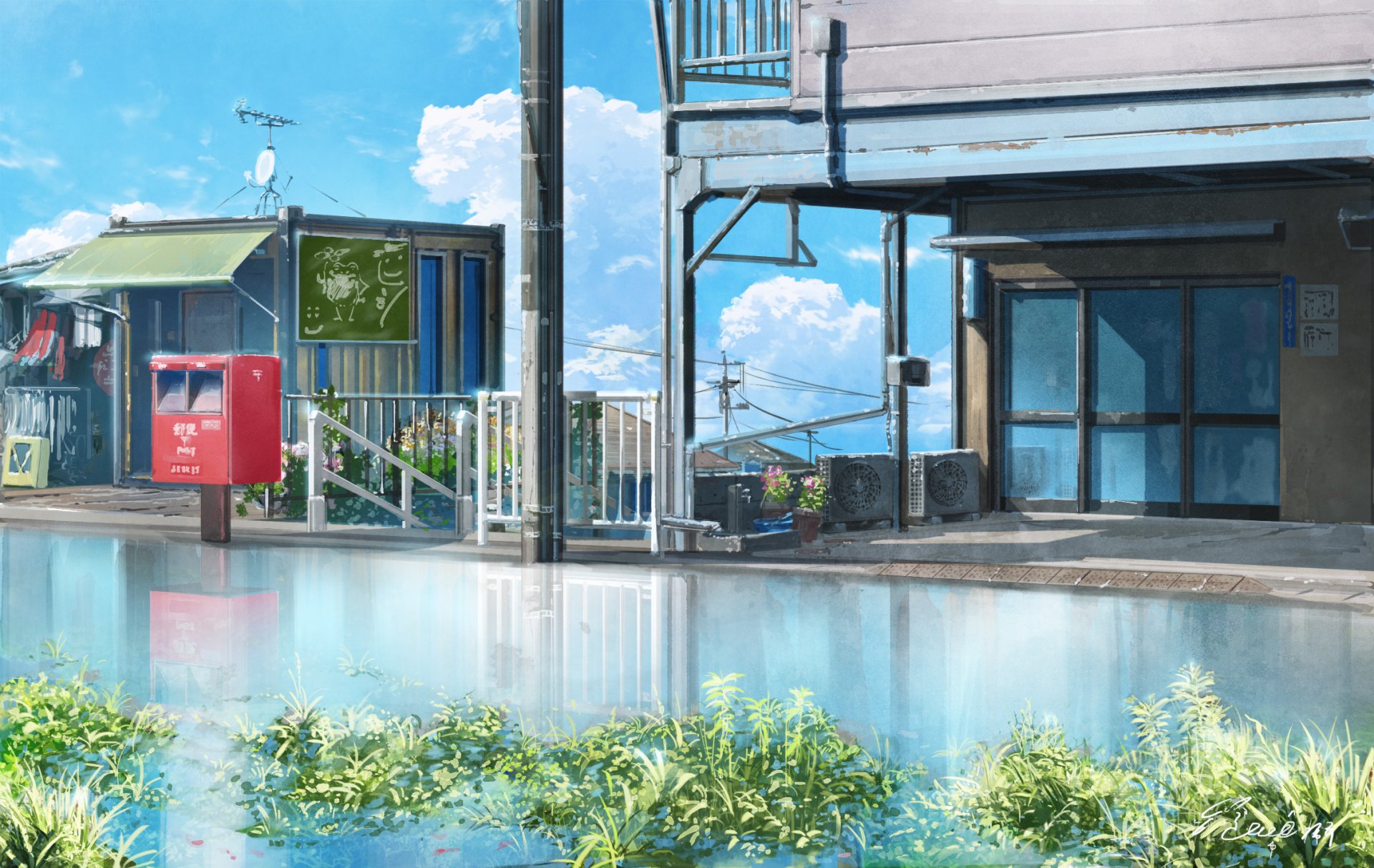 Download Sky Reflection Water Anime Building Sky Anime HD Wallpaper by まんぷくア