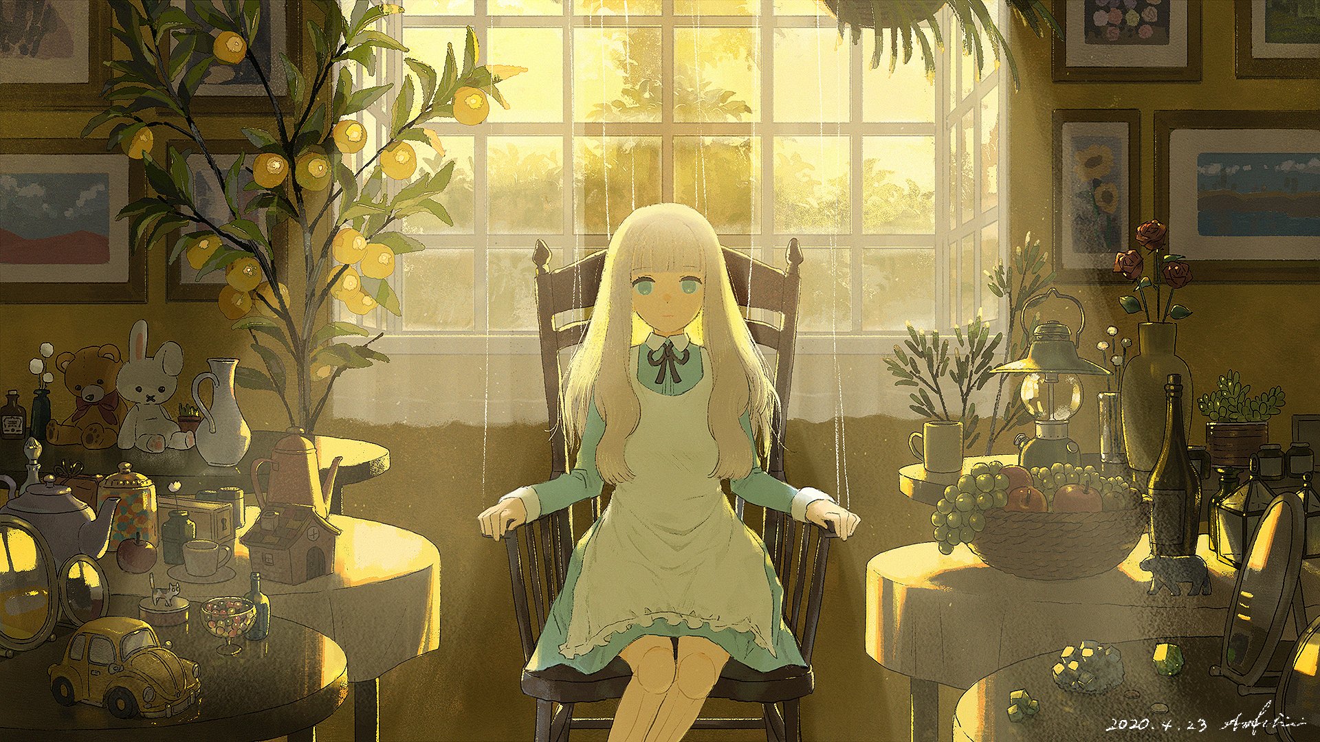 HD anime desktop wallpaper featuring a white-haired girl with aqua eyes sitting in a sunlit room surrounded by plants and cozy decor.
