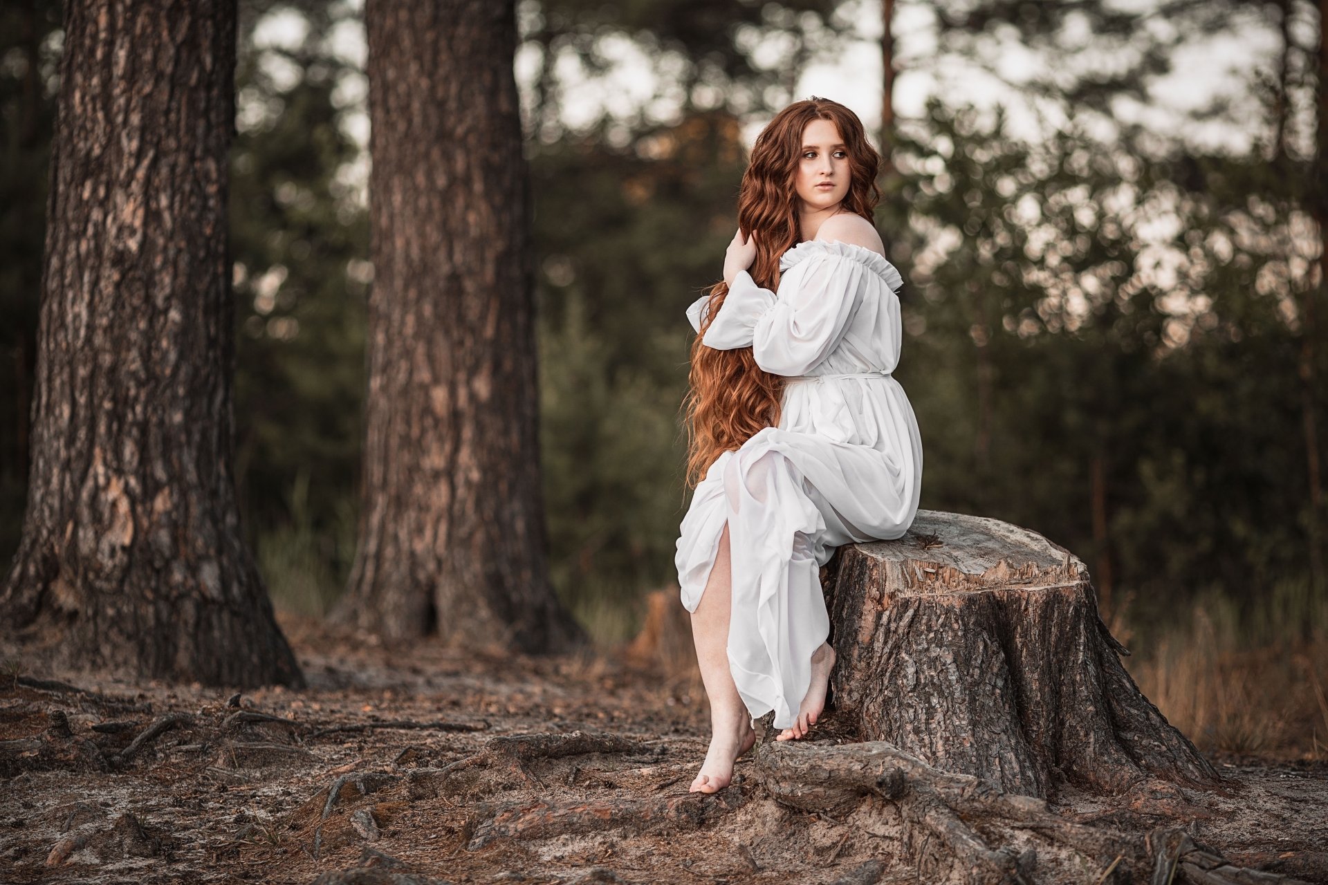 Download Redhead Long Hair White Dress Barefoot Woman Model 4k Ultra HD Wallpaper