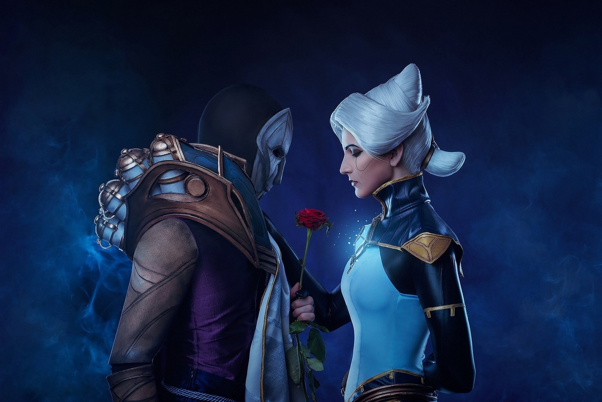 HD PC desktop wallpaper featuring League of Legends champions Camille and Jhin, set against a dark, atmospheric background with a glowing red rose.