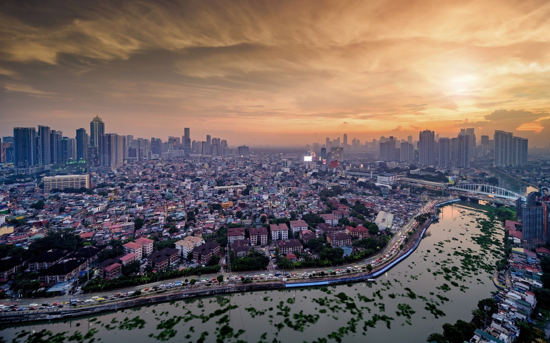 Download River City Bridge Sunset Man Made Manila 4k Ultra HD Wallpaper