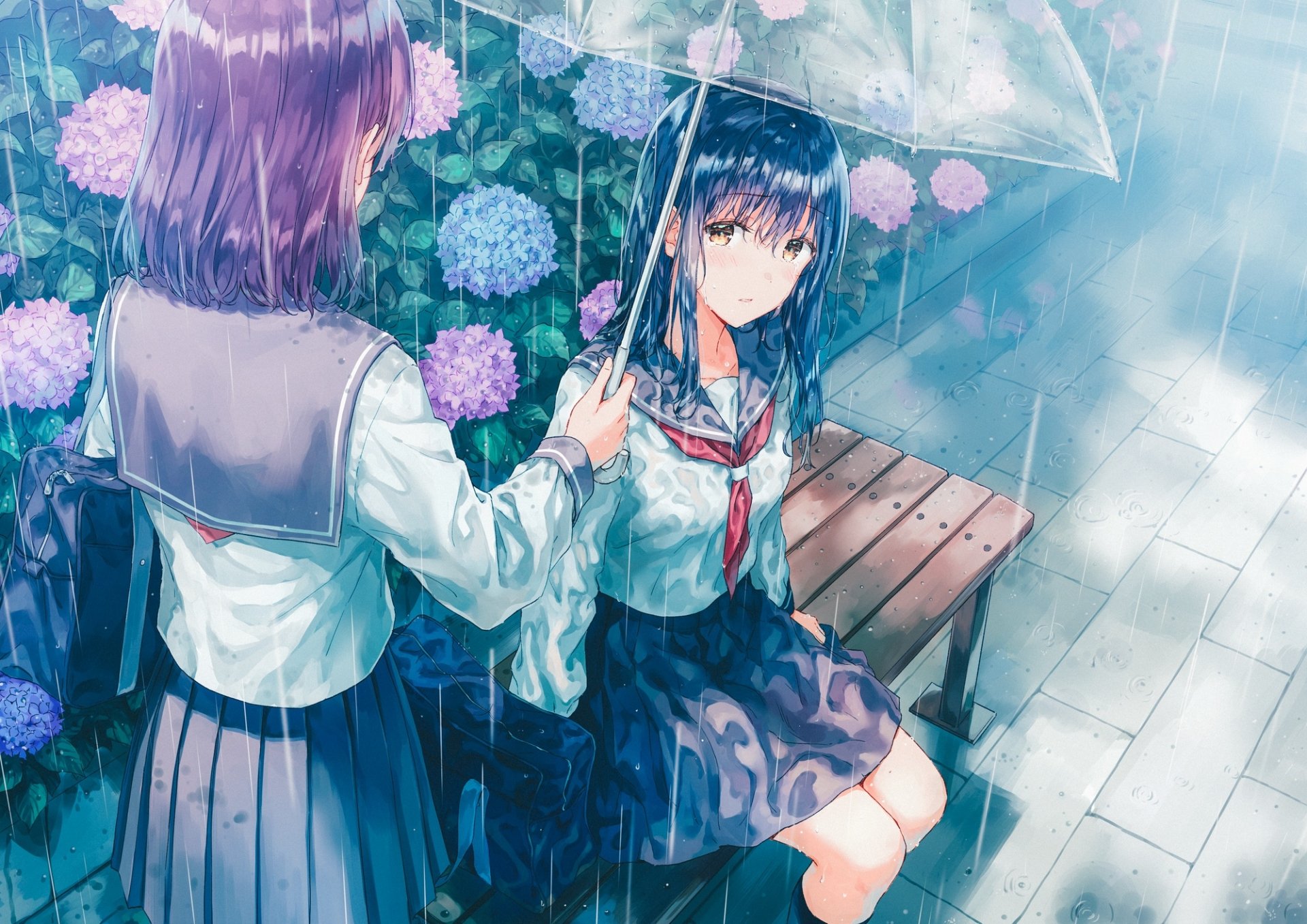 HD anime desktop wallpaper featuring two anime girls in school uniforms under an umbrella beside blooming hydrangeas on a rainy day.