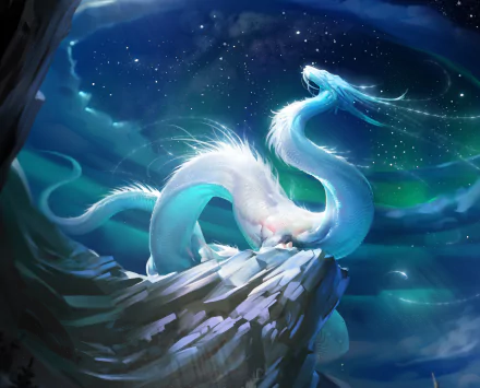 Fantasy-themed HD PC desktop wallpaper featuring a majestic white dragon perched on rocky cliffs beneath a starry, aurora-lit sky.