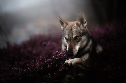 HD PC desktop wallpaper of a wolfdog, a dog/Animal, resting among dark purple foliage with amber eyes and soft fur against a moody blurred background.