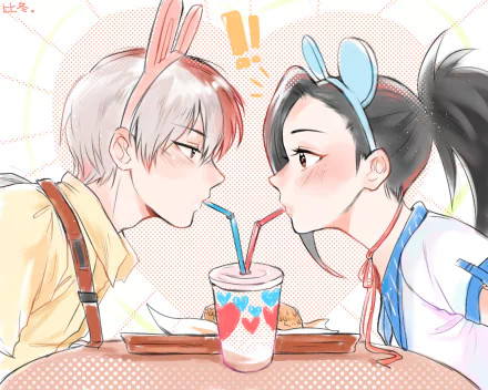 HD anime wallpaper featuring Momo Yaoyorozu and Shoto Todoroki from My Hero Academia sharing a drink with straws, showcasing a soft, romantic moment.