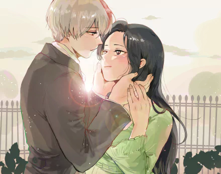 HD anime wallpaper featuring Momo Yaoyorozu and Shoto Todoroki from My Hero Academia sharing an intimate moment in soft, warm light.