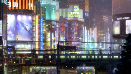 HD desktop wallpaper featuring a vibrant cityscape from the anime Weathering with You (Tenki no Ko) at night, showcasing illuminated buildings and a train passing through in the foreground.