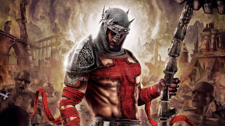 A powerful warrior from Dante's Inferno stands ready for battle, adorned in armor with a backdrop of a dark, chaotic landscape, fitting for a high-definition PC desktop wallpaper.