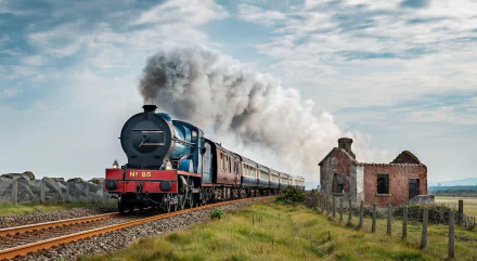 HD desktop wallpaper featuring a vintage steam train traveling on tracks through a grassy landscape with a partly cloudy sky and an old brick building nearby.