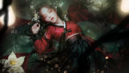 HD anime desktop wallpaper featuring an original artwork of a girl peacefully sleeping, dressed in traditional attire amid a serene and dreamy environment.