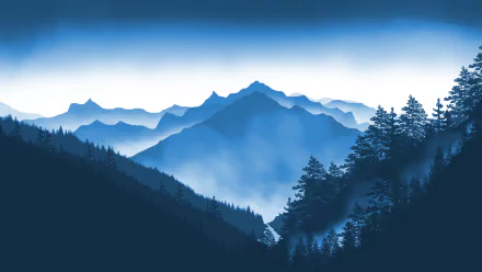 8K Ultra HD vector artwork of a misty forest landscape with layered mountain ranges and tall pine trees under a clear sky.