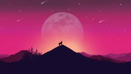 8K Ultra HD artistic landscape of a wolf howling atop a mountain under a glowing moon and shooting stars at night with a vibrant pink and purple sky.