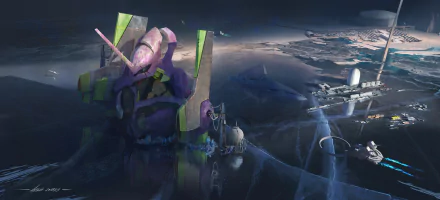 HD PC desktop wallpaper featuring Evangelion Unit-01 from the anime Neon Genesis Evangelion, set against a dark, futuristic landscape.