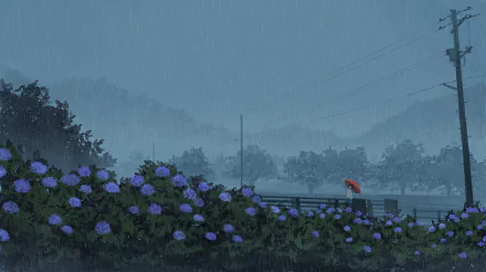 HD anime desktop wallpaper featuring vibrant hydrangea flowers in the rain, a lone figure with a red umbrella, and a serene rainy landscape with soft, muted tones.