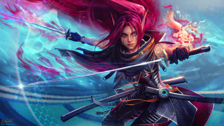A fierce red-haired elf woman warrior in dynamic action, wielding glowing swords in a vibrant fantasy setting, designed as an HD PC desktop wallpaper.