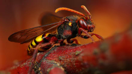 Close-up macro shot of a vibrant wasp resting on a textured red surface, captured in stunning 4K Ultra HD detail for a striking PC desktop wallpaper.