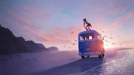 Anime-style 4K Ultra HD beach sunset scene featuring a person standing on a van, with birds flying and mountains silhouetted in the background.