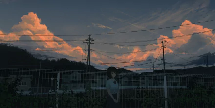 Anime-style HD desktop wallpaper of a short black-haired figure standing against an evening sky with glowing clouds and power lines silhouetted in the background.
