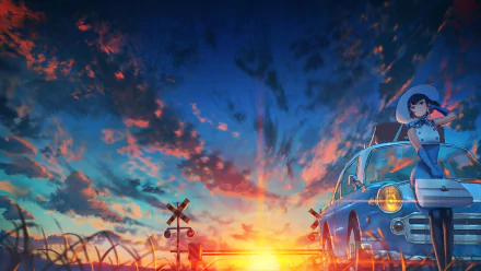 HD desktop wallpaper featuring a serene anime scene with a vibrant sunset, sky, and a vintage car. An anime character in a hat leans against the car, evoking a calm, nostalgic atmosphere.