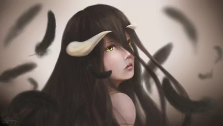 Albedo (Overlord) in a 4K Ultra HD anime portrait: close-up with black hair, horns, golden eyes and drifting dark feathers — PC desktop wallpaper/background.