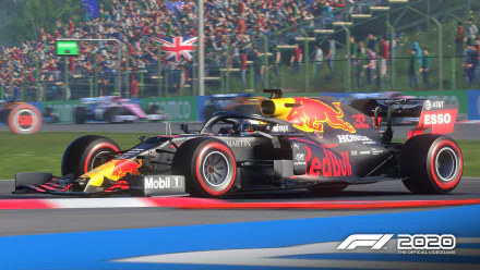 HD desktop wallpaper featuring an F1 2020 racing car speeding on the track with a crowd in the background.