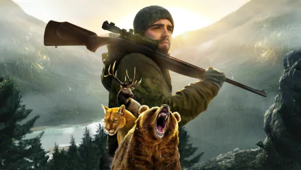 HD wallpaper featuring a hunter with a rifle and a montage of wild animals, evoking the theme of a hunting simulator game.