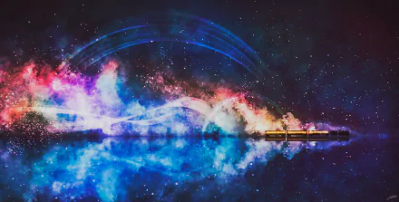 Anime-style HD desktop wallpaper featuring a colorful starry night sky with a train traveling across the scene, creating a vibrant and dreamy atmosphere.
