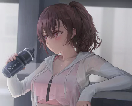 Anime-style original artwork of a brown-haired girl with pink eyes and a ponytail, dressed in fitness wear, holding a water bottle in a softly lit setting.