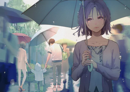 A sad anime girl with short hair stands under an umbrella in the rain, set against a blurred background of people walking, rendered in 4K Ultra HD style.