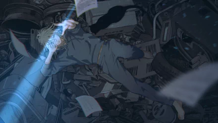 Anime-style original character with short blonde hair illuminated by a blue light, floating amid scattered papers and mechanical debris in a 4K Ultra HD PC desktop wallpaper.
