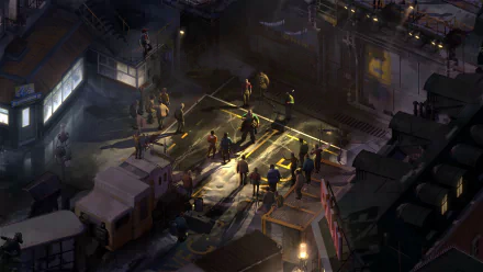 HD wallpaper featuring a scene from Disco Elysium with characters and vehicles in a dimly lit, moody urban setting.