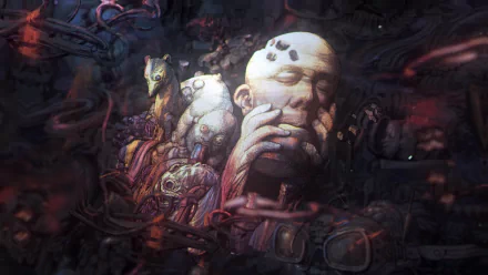 A HD desktop wallpaper from Disco Elysium featuring stylized artwork with a contemplative character and surrealist elements.