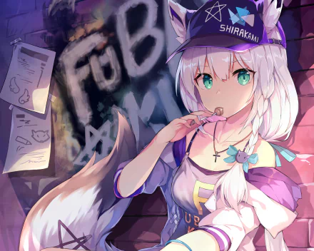 HD PC desktop wallpaper featuring Shirakami Fubuki from Hololive with white hair, aqua eyes, animal ears, a braid, and a cap in vibrant anime style.
