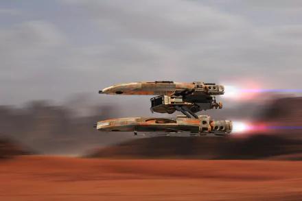 HD desktop wallpaper featuring a sci-fi spaceship flying over a desolate, reddish terrain with mountains in the background. The ship emits a glowing trail as it speeds through the scene.