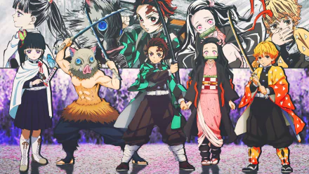 Colorful Demon Slayer: Kimetsu no Yaiba HD desktop wallpaper featuring characters Nezuko Kamado, Inosuke Hashibira, Zenitsu Agatsuma, Tanjiro Kamado, and Kanao Tsuyuri.