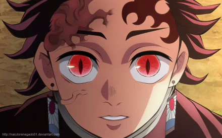 HD desktop wallpaper featuring Tanjiro Kamado from the anime Demon Slayer: Kimetsu no Yaiba with his distinctive red eyes and facial markings.