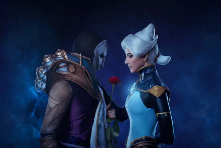 HD PC desktop wallpaper featuring League of Legends champions Camille and Jhin, set against a dark, atmospheric background with a glowing red rose.