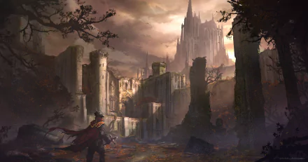 HD PC desktop wallpaper depicting a gothic Castlevania-style fantasy city with a towering castle under a moody sky.
