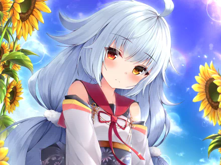 Anime-style portrait of Nicholas from Azur Lane with long white hair and yellow eyes, set against a vibrant background with sunflowers in 4K Ultra HD.