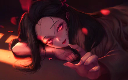 HD desktop wallpaper featuring Nezuko Kamado from the anime Demon Slayer: Kimetsu no Yaiba. Nezuko's enchanting gaze and delicate hand gestures are highlighted with a dark, moody background and red accents.