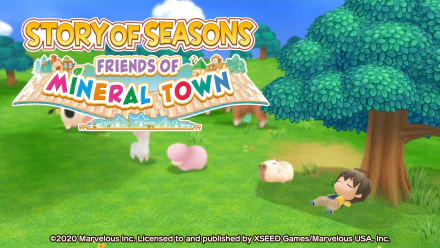 HD desktop wallpaper for Story of Seasons: Friends of Mineral Town featuring a character laying in a lush, green meadow with animals.