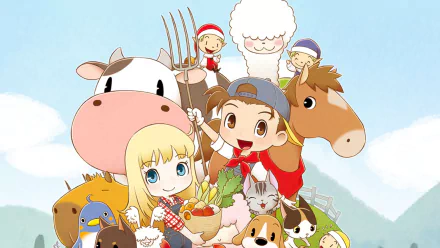 HD desktop wallpaper featuring characters and animals from Story of Seasons: Friends of Mineral Town on a light blue background.