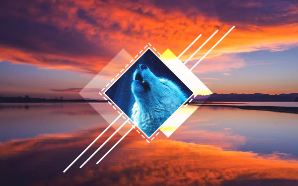 Artistic polyscape 4K Ultra HD PC desktop wallpaper: blue howling wolf in a geometric diamond overlay atop a vivid orange-purple sunset reflected on a calm lake.