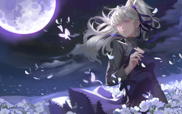Yin (Darker Than Black) anime 5K Ultra HD PC wallpaper: silver‑haired Yin in a black dress amid white blossoms and drifting petals beneath a luminous moon and starry night.